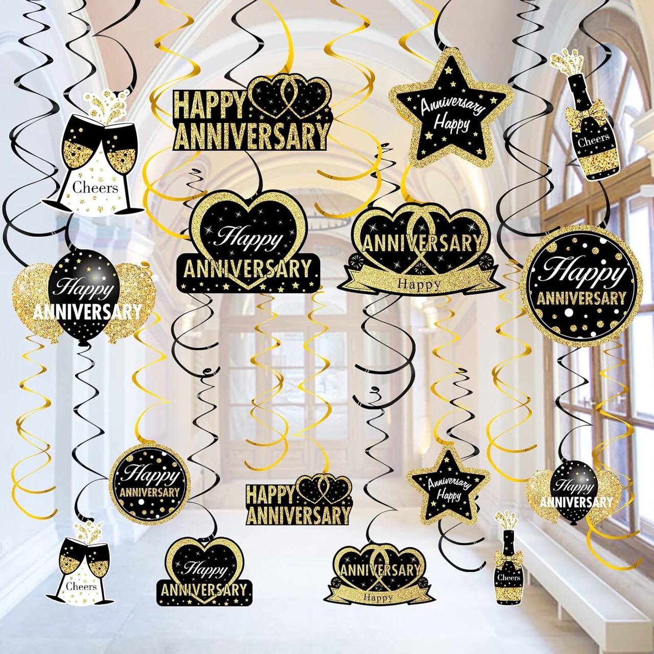 16Pcs Happy Wedding Anniversary Hanging Swirls Decorations (Black Gold) 9"L x 7"W
